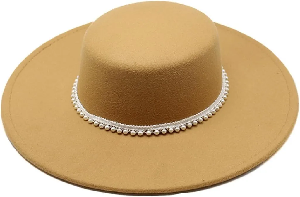 Flat Top Hat for Women Big Brim Felt Fedora Hat Pearl Ribbon Elegant Wedding Jazz Cap