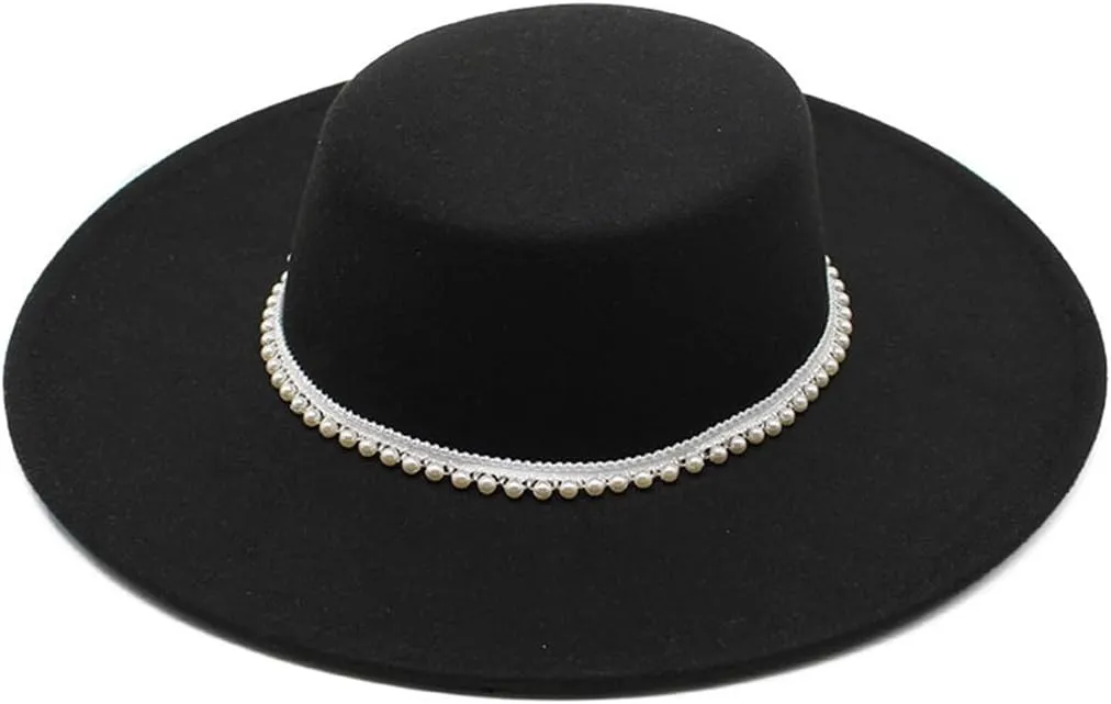 Flat Top Hat for Women Big Brim Felt Fedora Hat Pearl Ribbon Elegant Wedding Jazz Cap