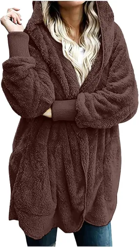 Fleece Jackets for Women Winter Coats with Hood Warm Oversized Fuzzy Jacket Long Cardigan Sweaters Soft Coat