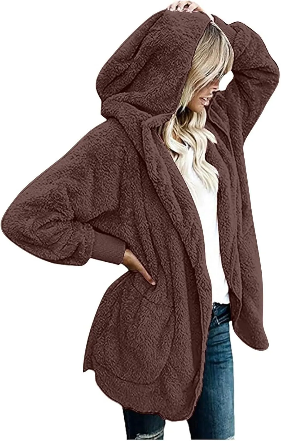 Fleece Jackets for Women Winter Coats with Hood Warm Oversized Fuzzy Jacket Long Cardigan Sweaters Soft Coat