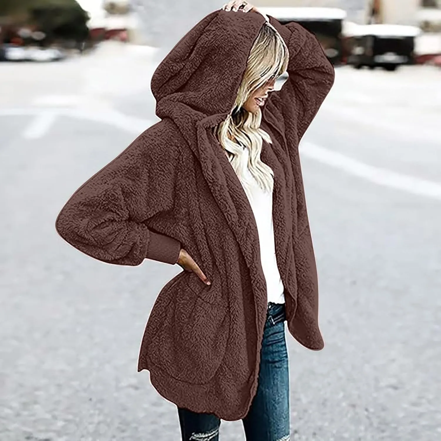 Fleece Jackets for Women Winter Coats with Hood Warm Oversized Fuzzy Jacket Long Cardigan Sweaters Soft Coat