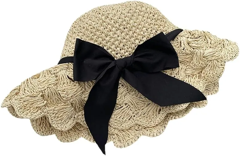 Foldable Wide Brim Floppy Straw Beach Sun Hat, Summer Cap with Bowknot for Women Girl