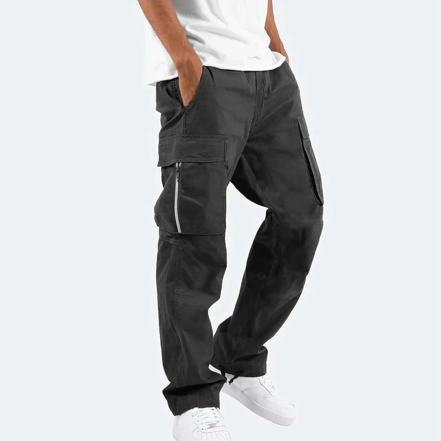 FZVYD 2023 Men Cargo Pants Drawstring Casual Elastic Drawstring Cargo Pants Lightweight Relaxed Fit Cotton Workout Sweatpants