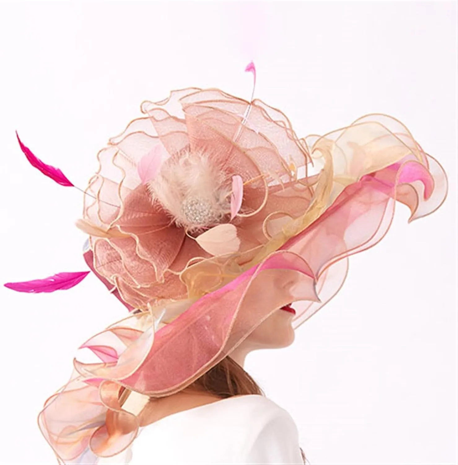 GIBZ Women's Translucent Fascinator Hats Extra Large Brim Tulle 1920s Sun Hat with Flower for Tea Party Church Wedding