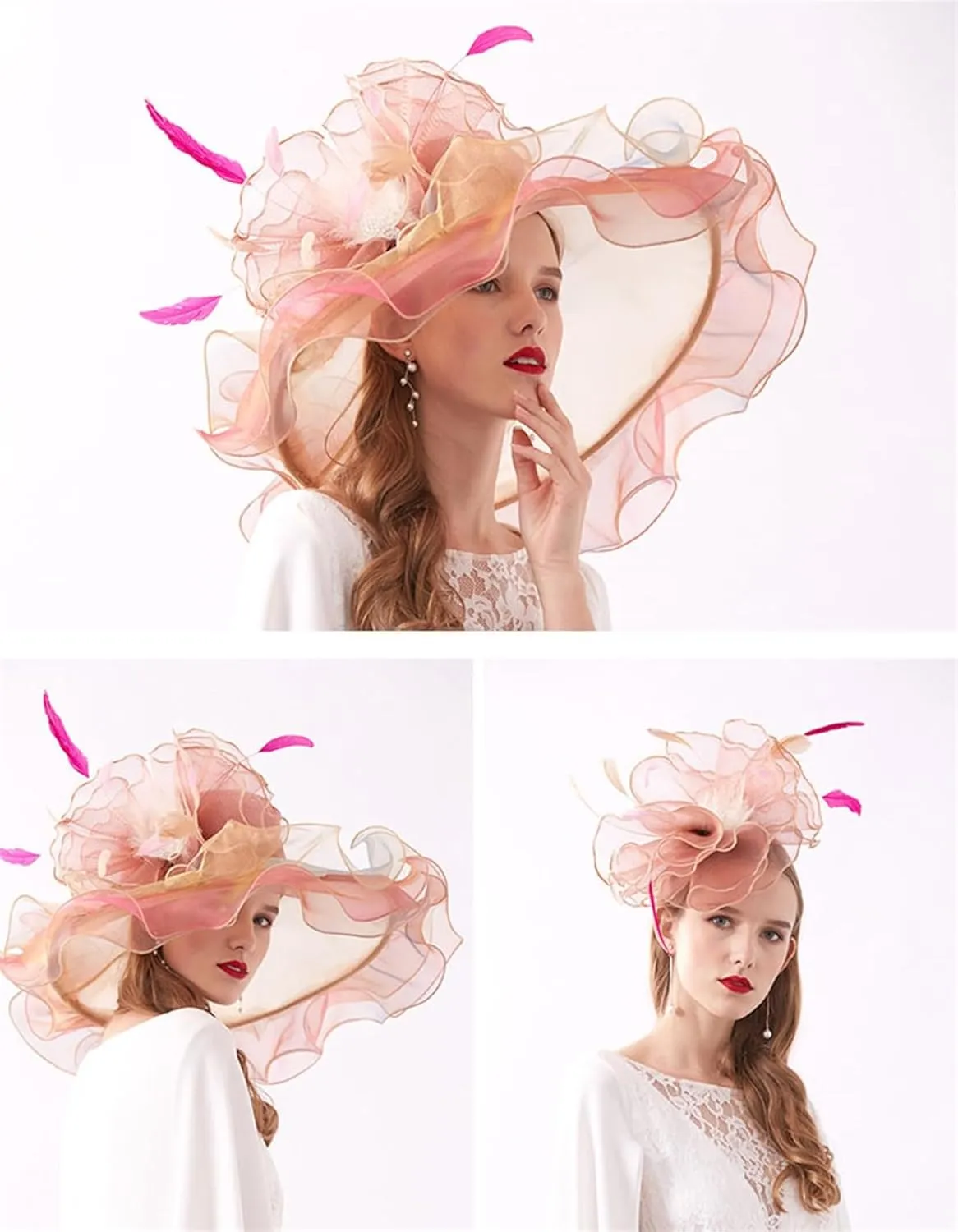 GIBZ Women's Translucent Fascinator Hats Extra Large Brim Tulle 1920s Sun Hat with Flower for Tea Party Church Wedding
