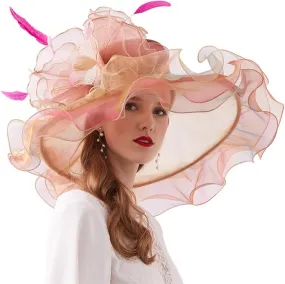 GIBZ Women's Translucent Fascinator Hats Extra Large Brim Tulle 1920s Sun Hat with Flower for Tea Party Church Wedding