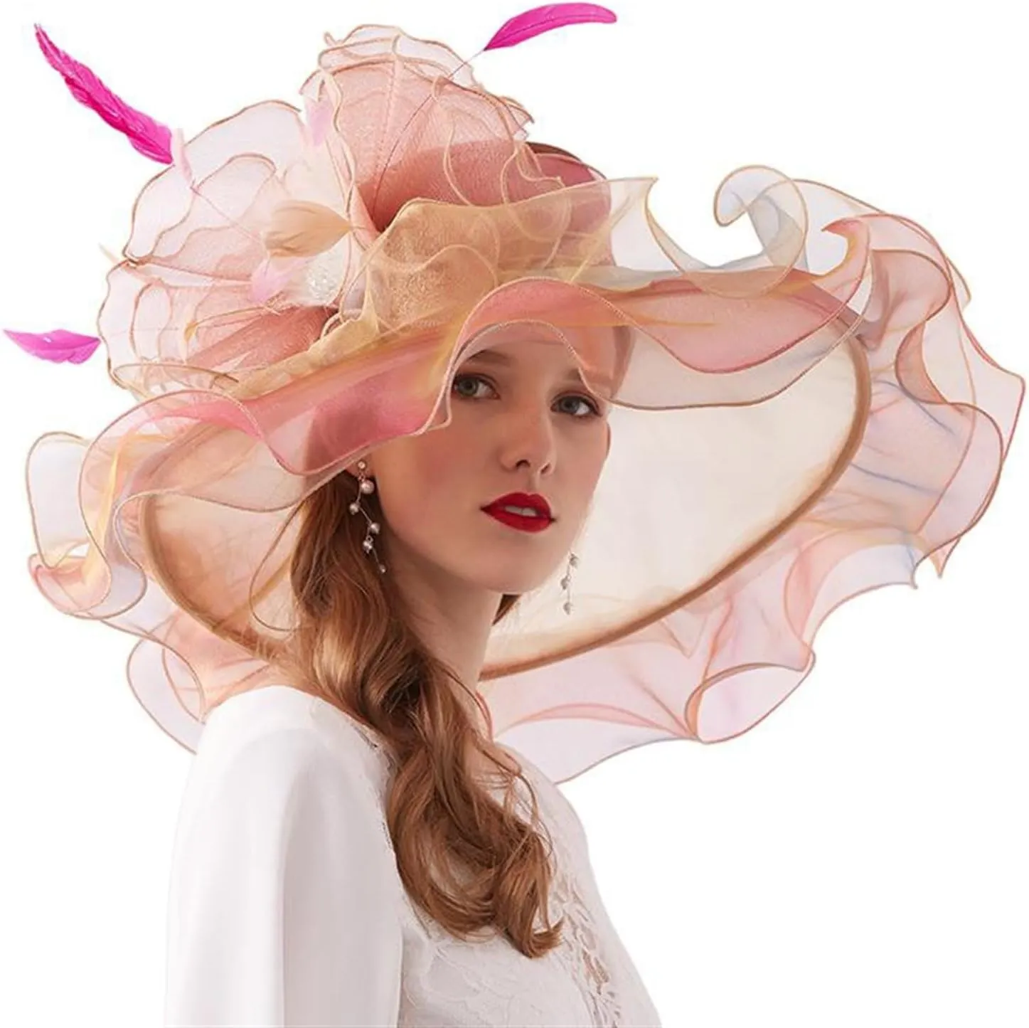 GIBZ Women's Translucent Fascinator Hats Extra Large Brim Tulle 1920s Sun Hat with Flower for Tea Party Church Wedding