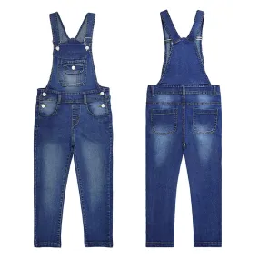 Girls Denim Overalls Washed Big Bib Flap Pockets Soft Stretchy Jumpsuit