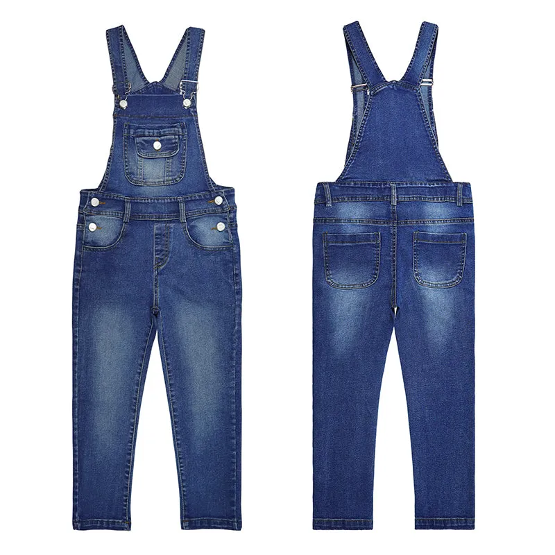 Girls Denim Overalls Washed Big Bib Flap Pockets Soft Stretchy Jumpsuit