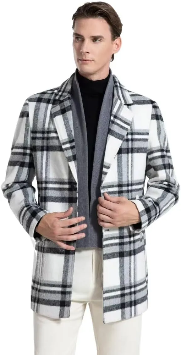 INVACHI Men's Wool Blend Pea Coat Warm Winter Trench Coat with Detachable Soft Scarf Single Breasted Overcoat