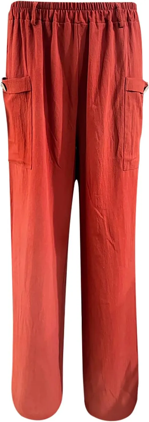 JOAU Womens Casual High Waisted Relaxed Fit Pants Button Up Straight Leg Trousers with Pockets Summer Cotton Linen Pants