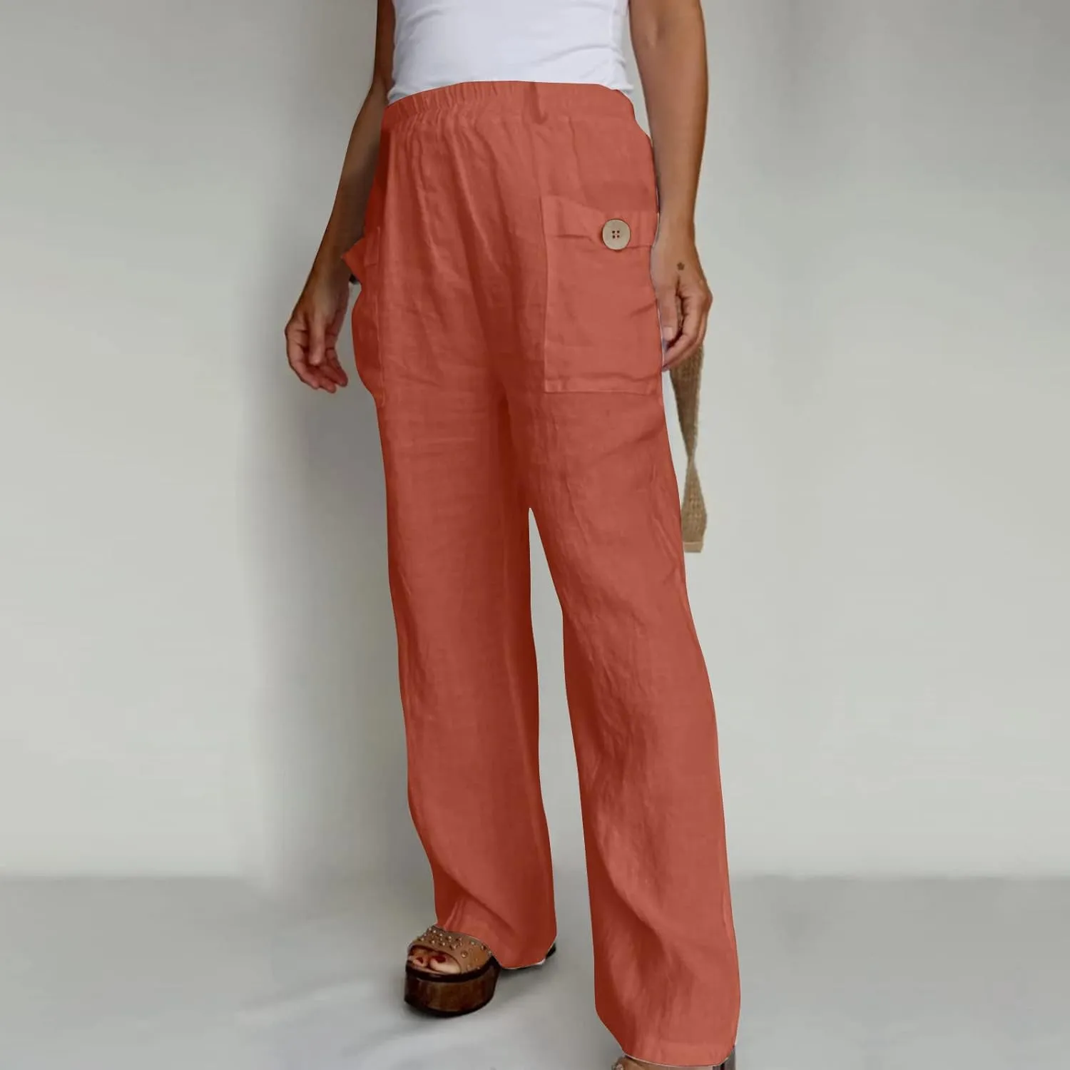 JOAU Womens Casual High Waisted Relaxed Fit Pants Button Up Straight Leg Trousers with Pockets Summer Cotton Linen Pants