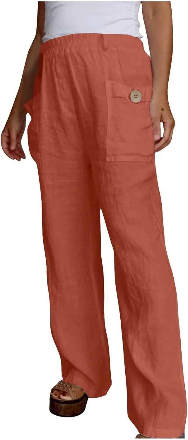 JOAU Womens Casual High Waisted Relaxed Fit Pants Button Up Straight Leg Trousers with Pockets Summer Cotton Linen Pants