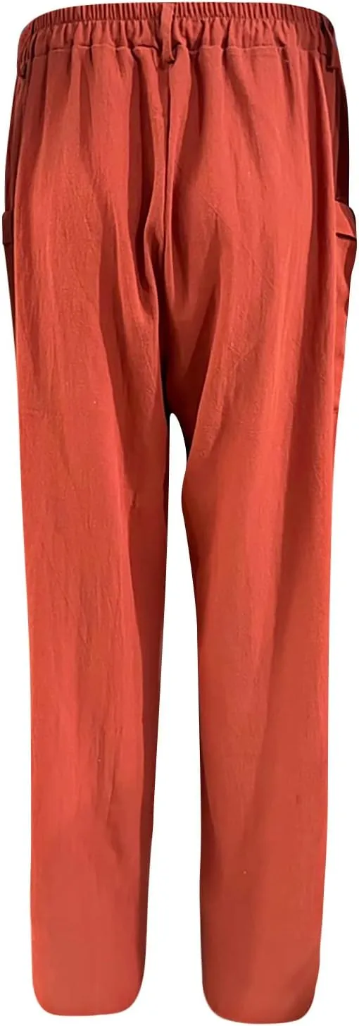 JOAU Womens Casual High Waisted Relaxed Fit Pants Button Up Straight Leg Trousers with Pockets Summer Cotton Linen Pants