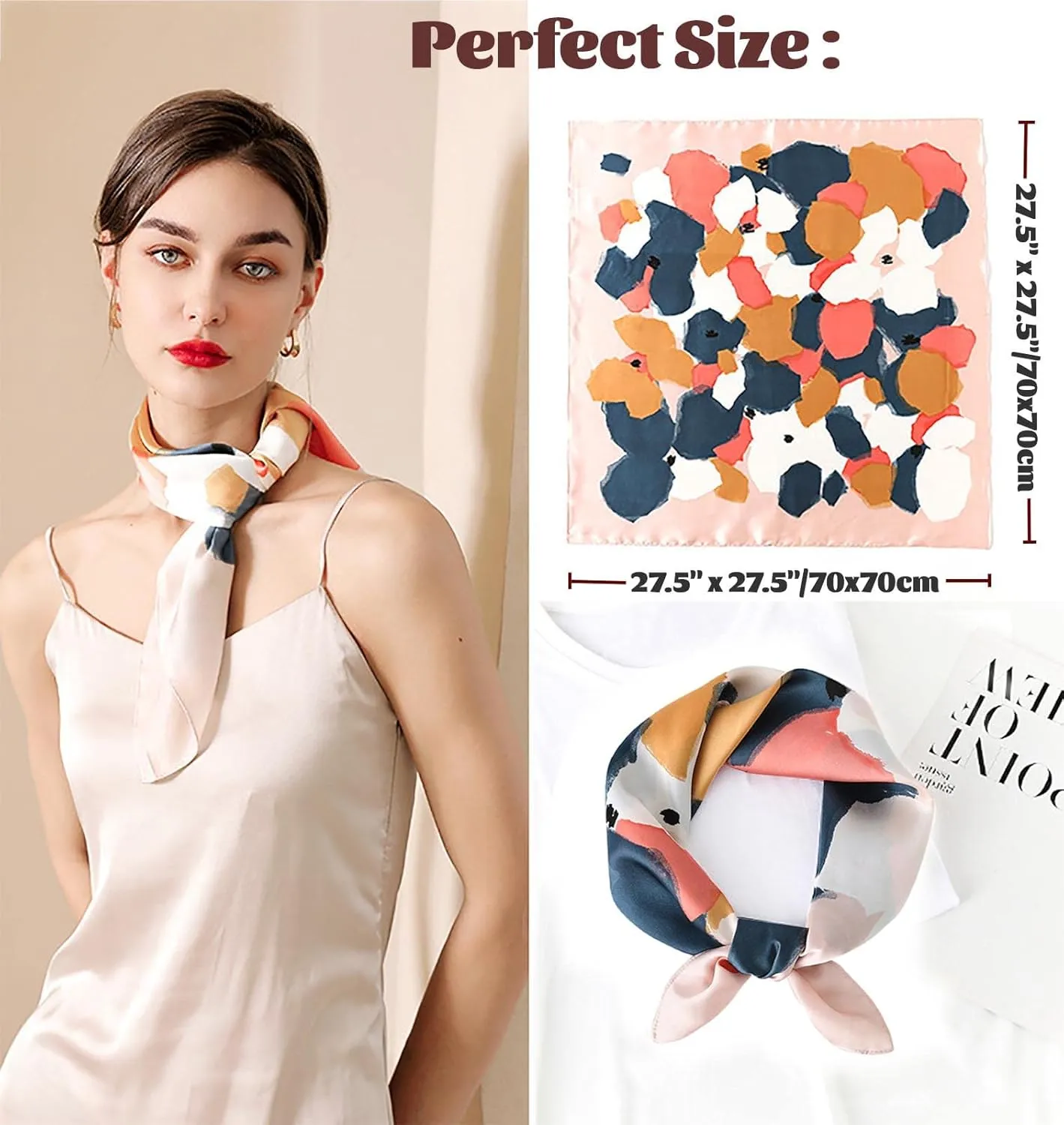 kcctoo 27.5" Mulberry Silk Feeling Head Scarf Women's Fashion Square Neck Satin Scarfs for Bag Hair Scarves Gift