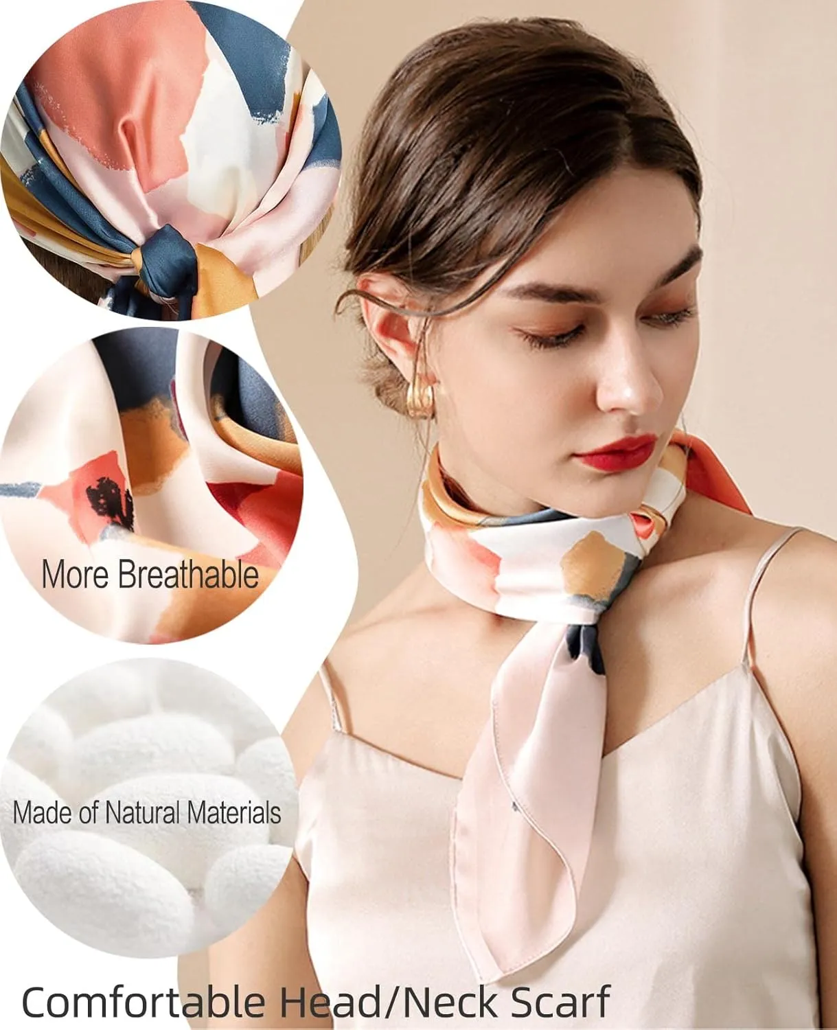 kcctoo 27.5" Mulberry Silk Feeling Head Scarf Women's Fashion Square Neck Satin Scarfs for Bag Hair Scarves Gift