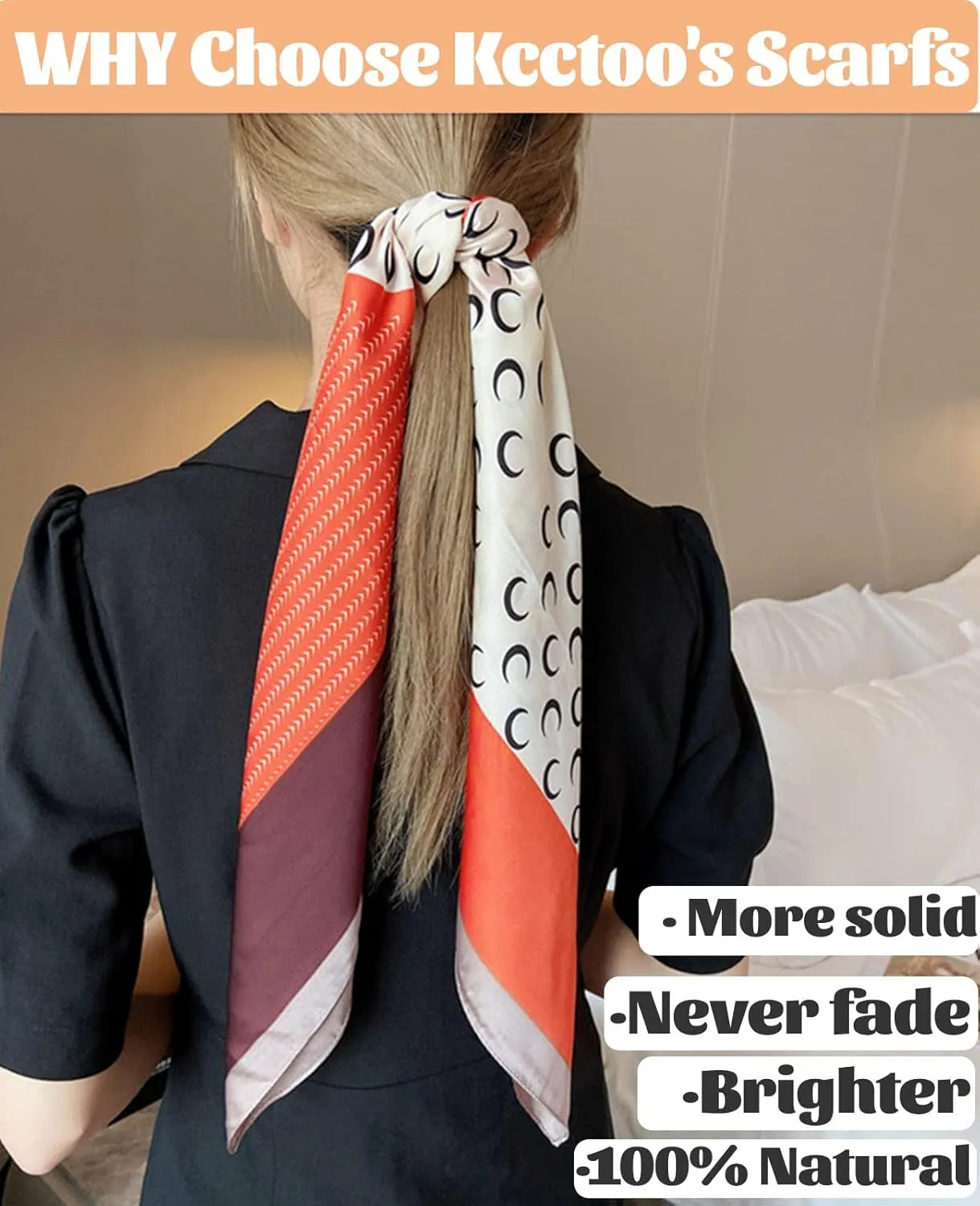 kcctoo 27.5" Mulberry Silk Feeling Head Scarf Women's Fashion Square Neck Satin Scarfs for Bag Hair Scarves Gift