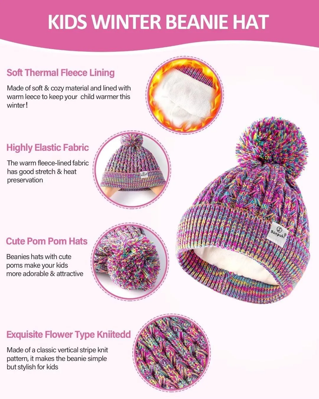 Kids Winter Hat Gloves Scarf Set,Girls Toddler Winter Hat Beanie with Pom Neck Warmer Gaiter Mittens Fleece Lined Set