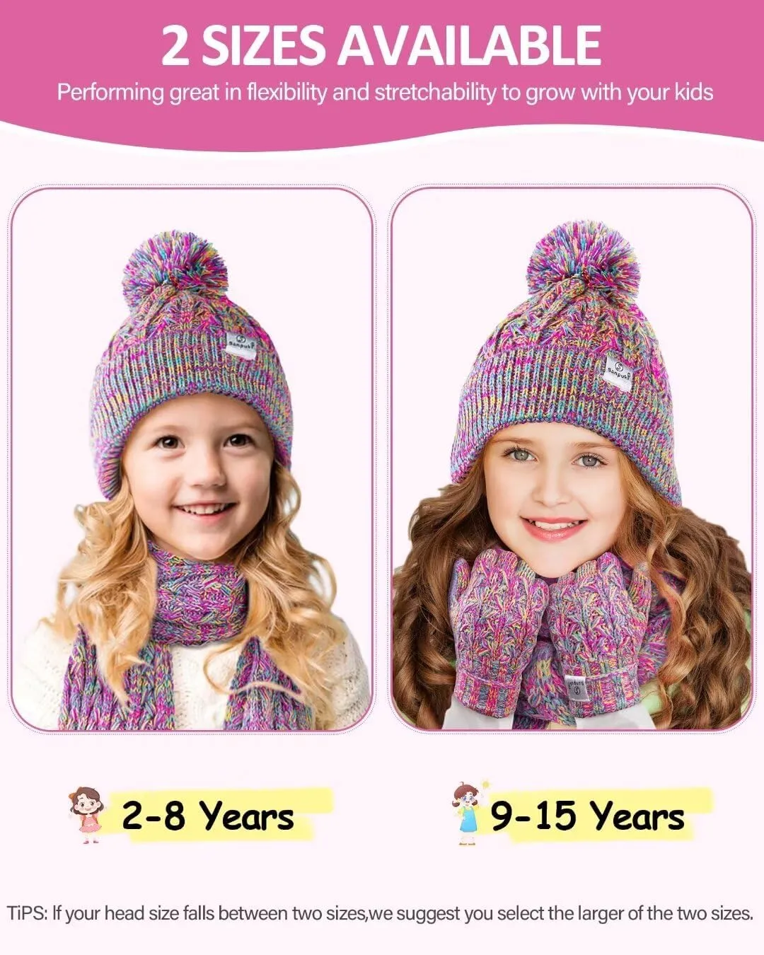 Kids Winter Hat Gloves Scarf Set,Girls Toddler Winter Hat Beanie with Pom Neck Warmer Gaiter Mittens Fleece Lined Set