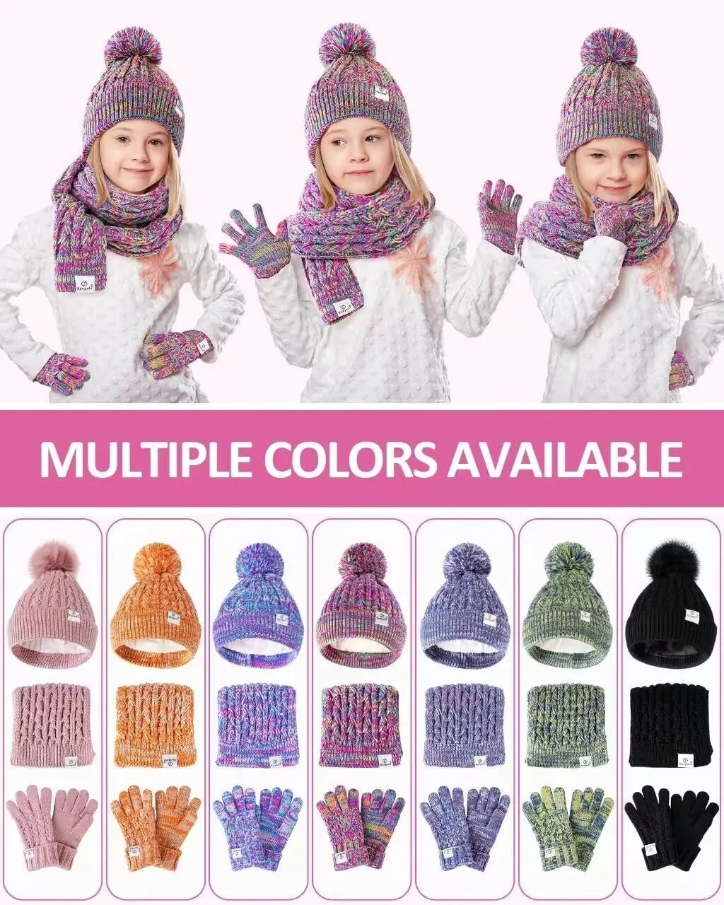 Kids Winter Hat Gloves Scarf Set,Girls Toddler Winter Hat Beanie with Pom Neck Warmer Gaiter Mittens Fleece Lined Set