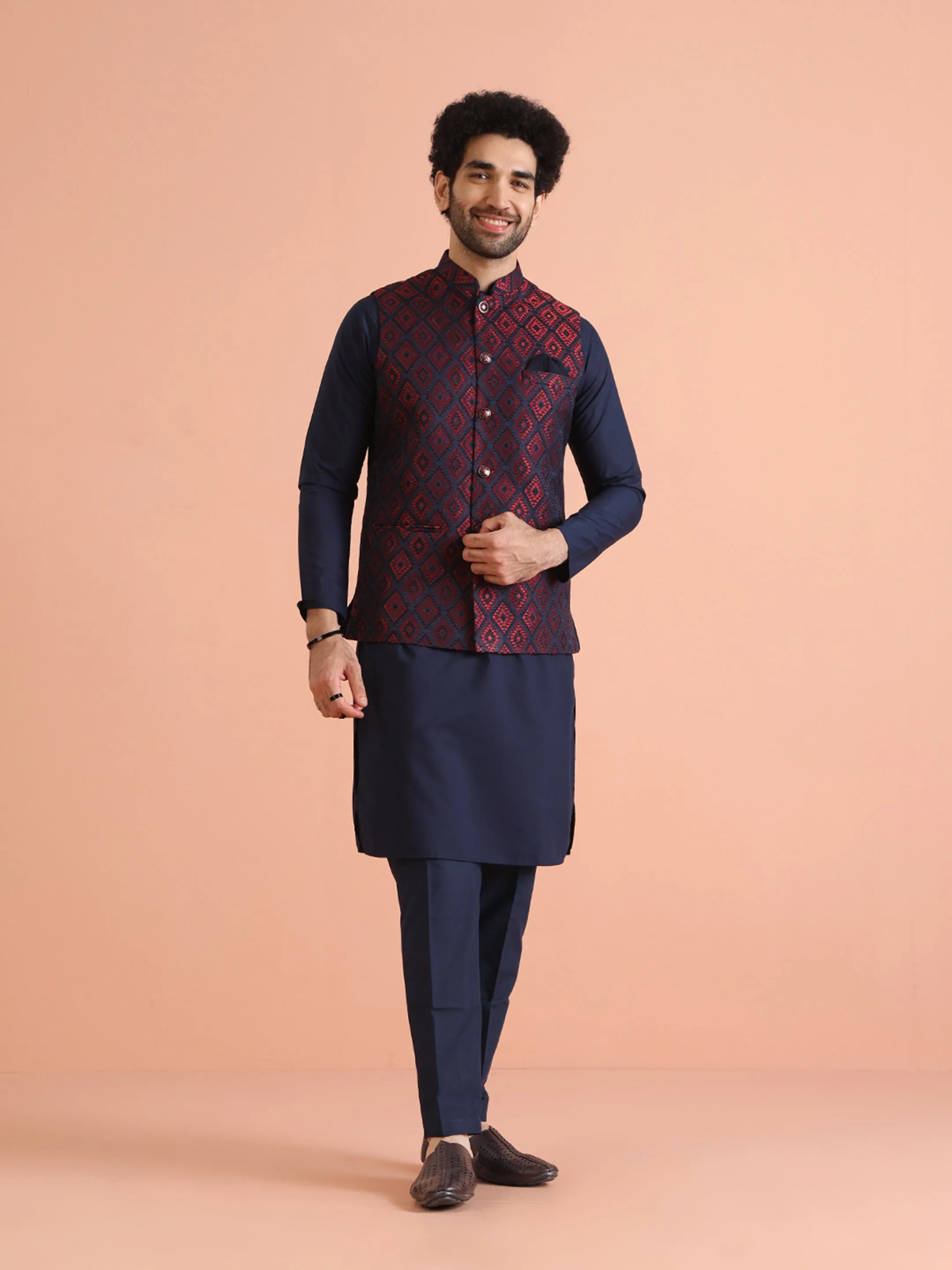 Men Navy Blue Geometric Kurta Jacket Trouser Set