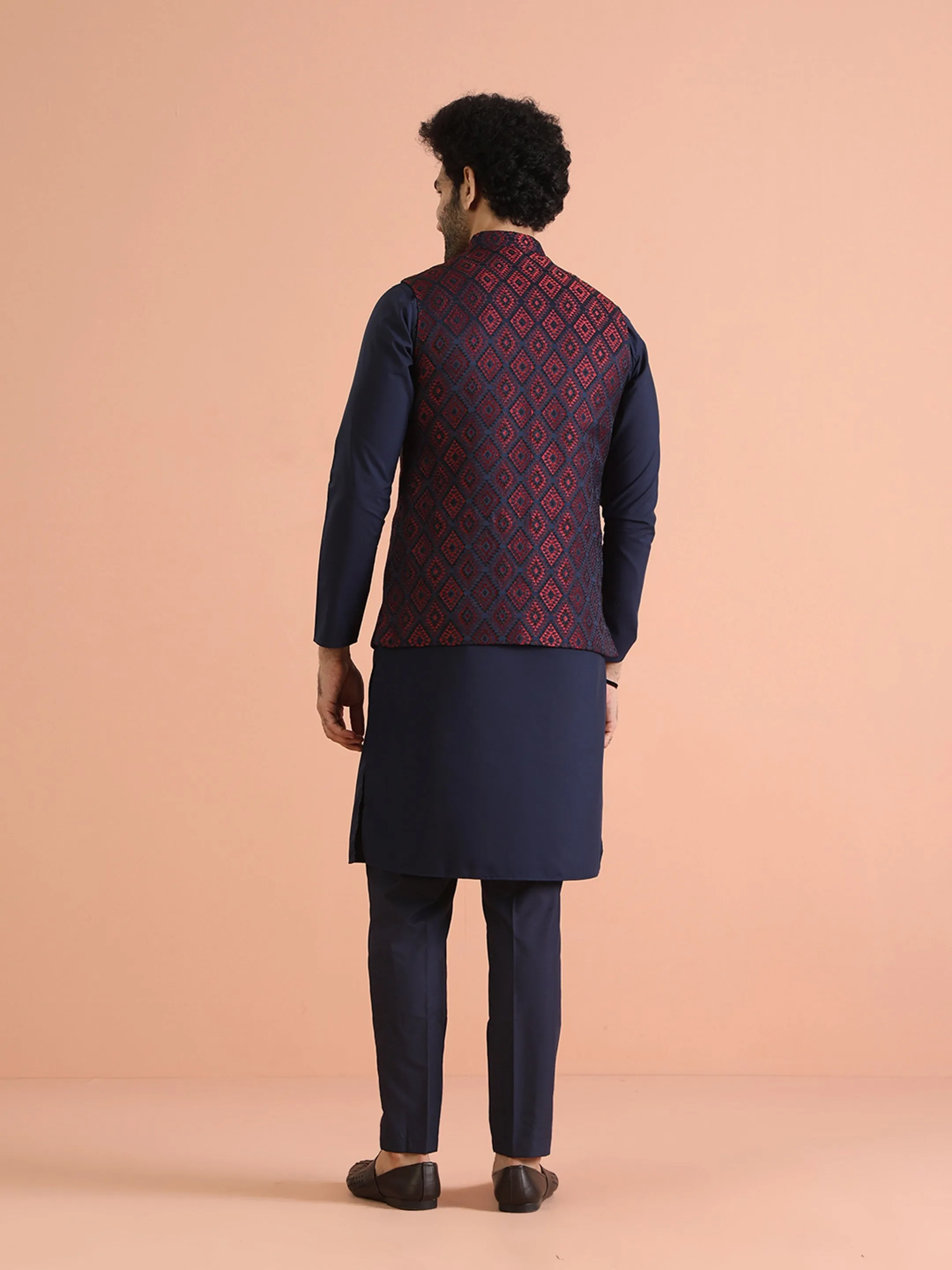 Men Navy Blue Geometric Kurta Jacket Trouser Set
