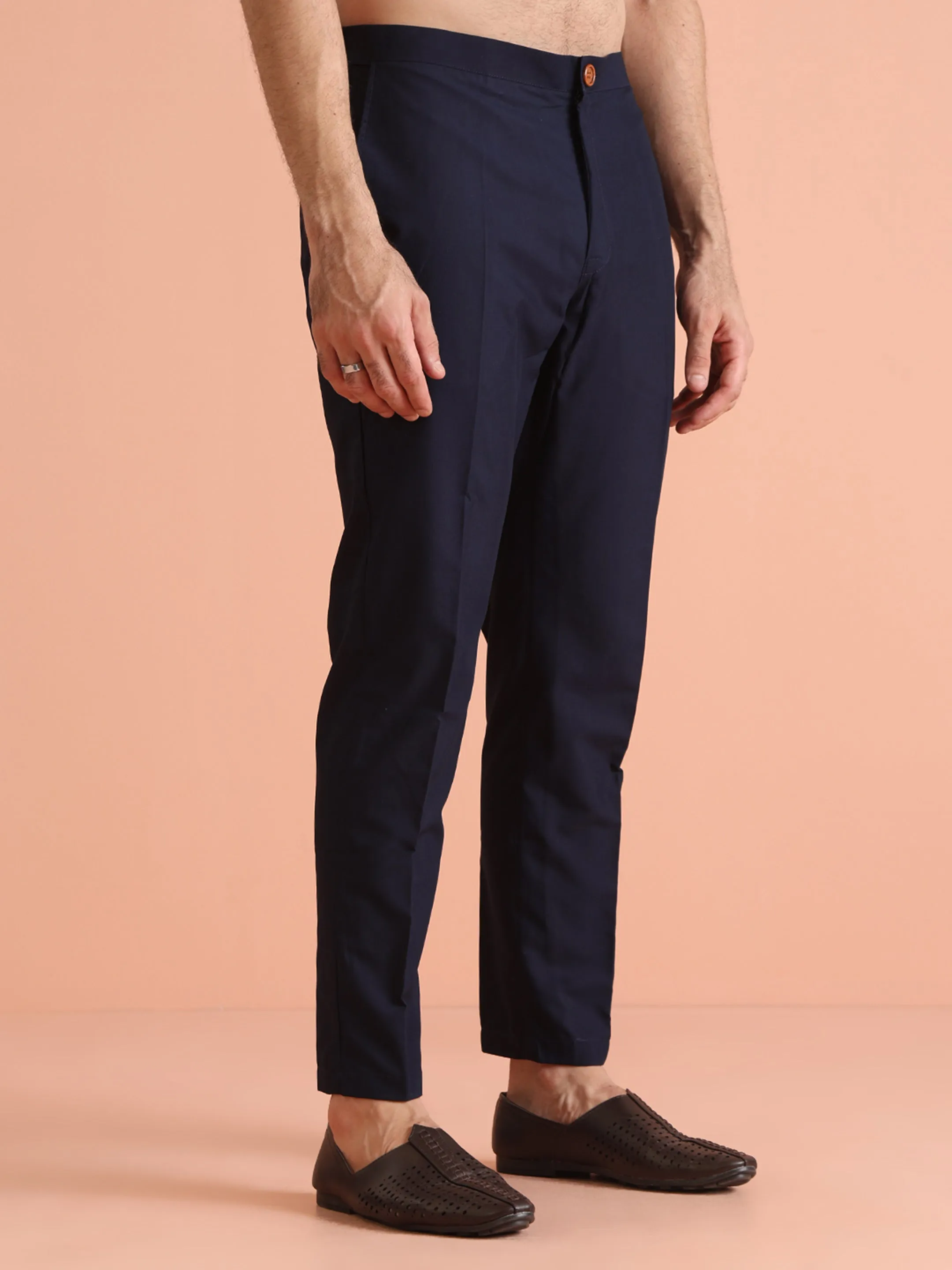 Men Navy Blue Geometric Kurta Jacket Trouser Set