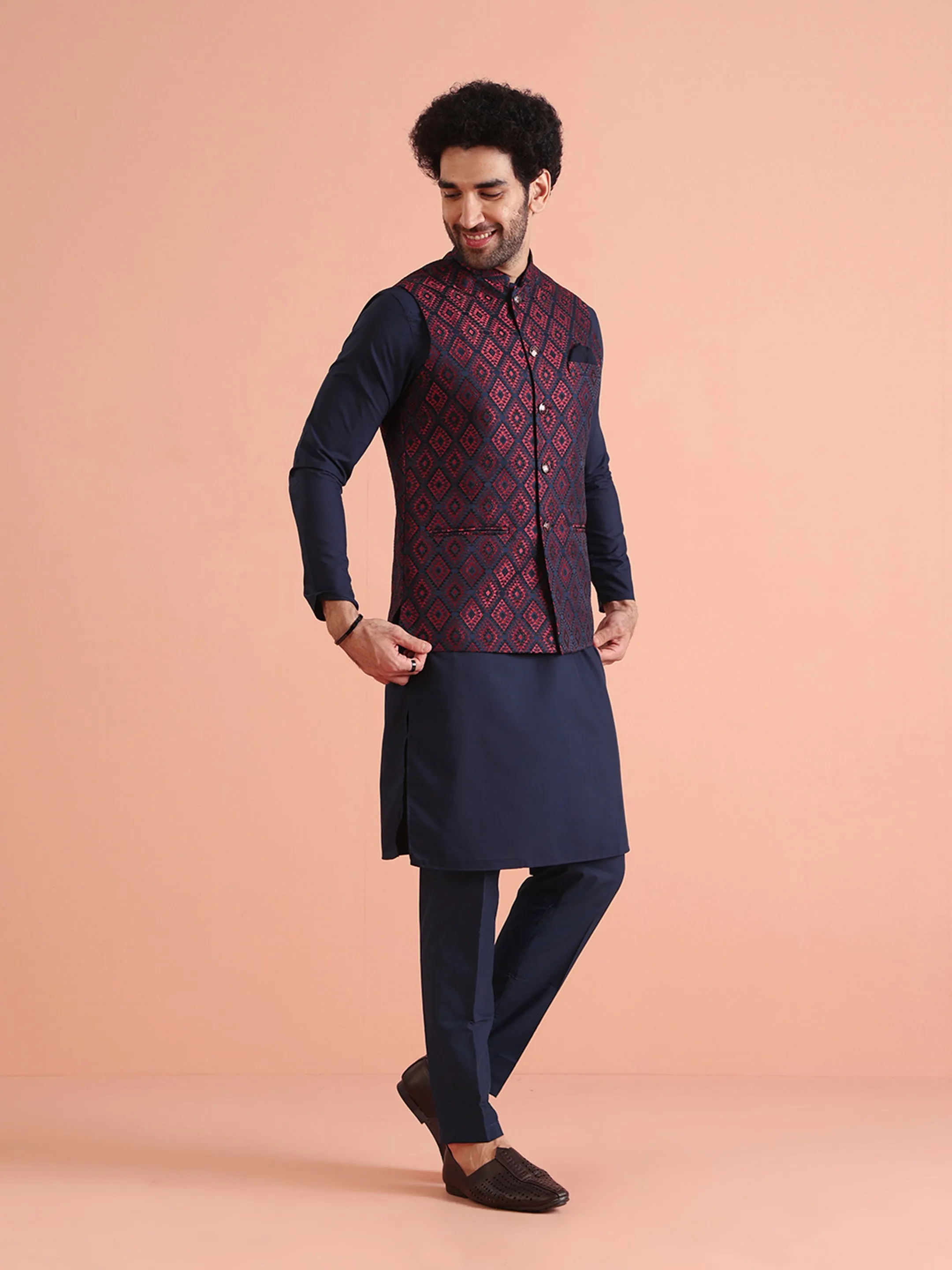 Men Navy Blue Geometric Kurta Jacket Trouser Set