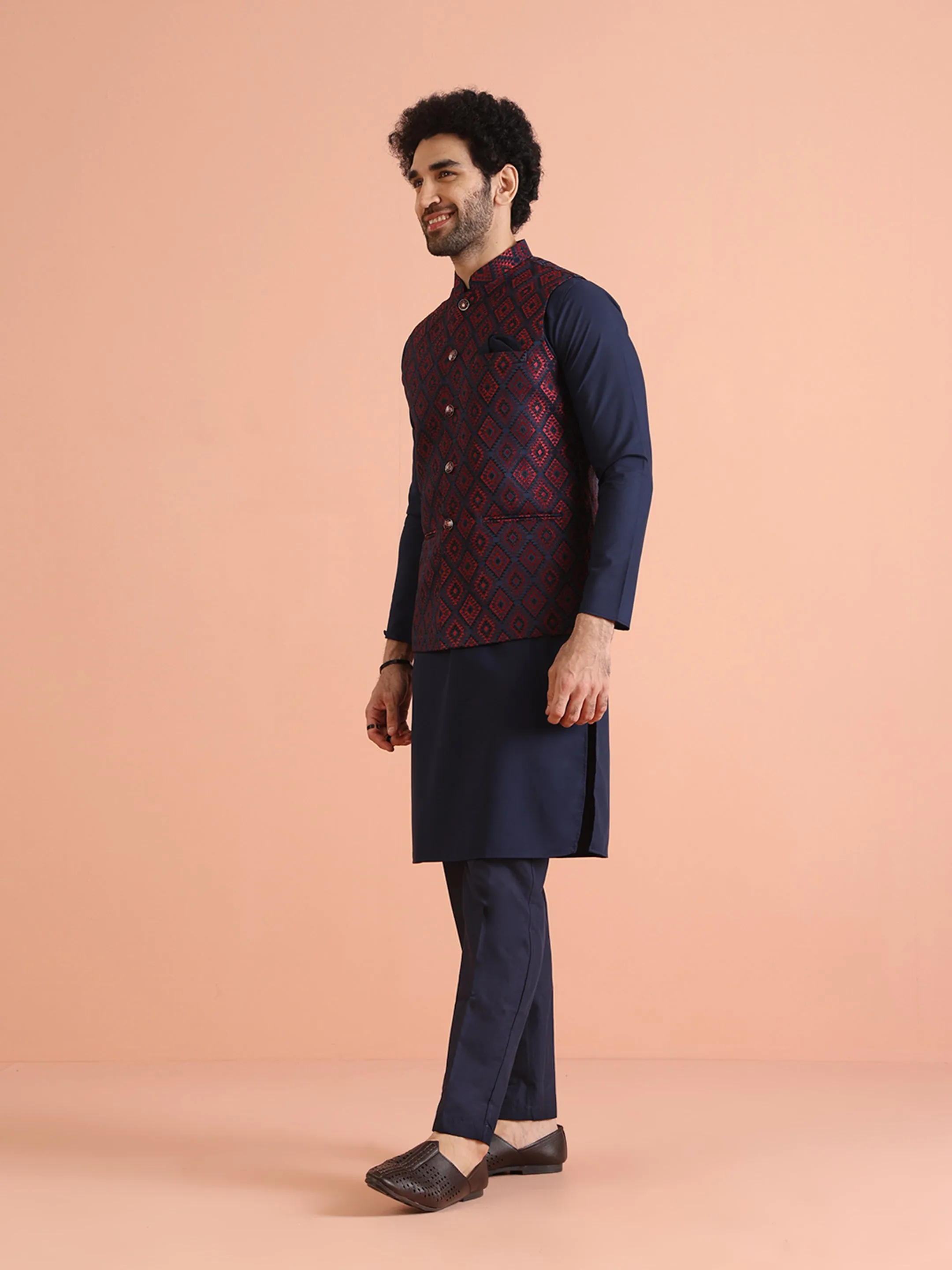 Men Navy Blue Geometric Kurta Jacket Trouser Set