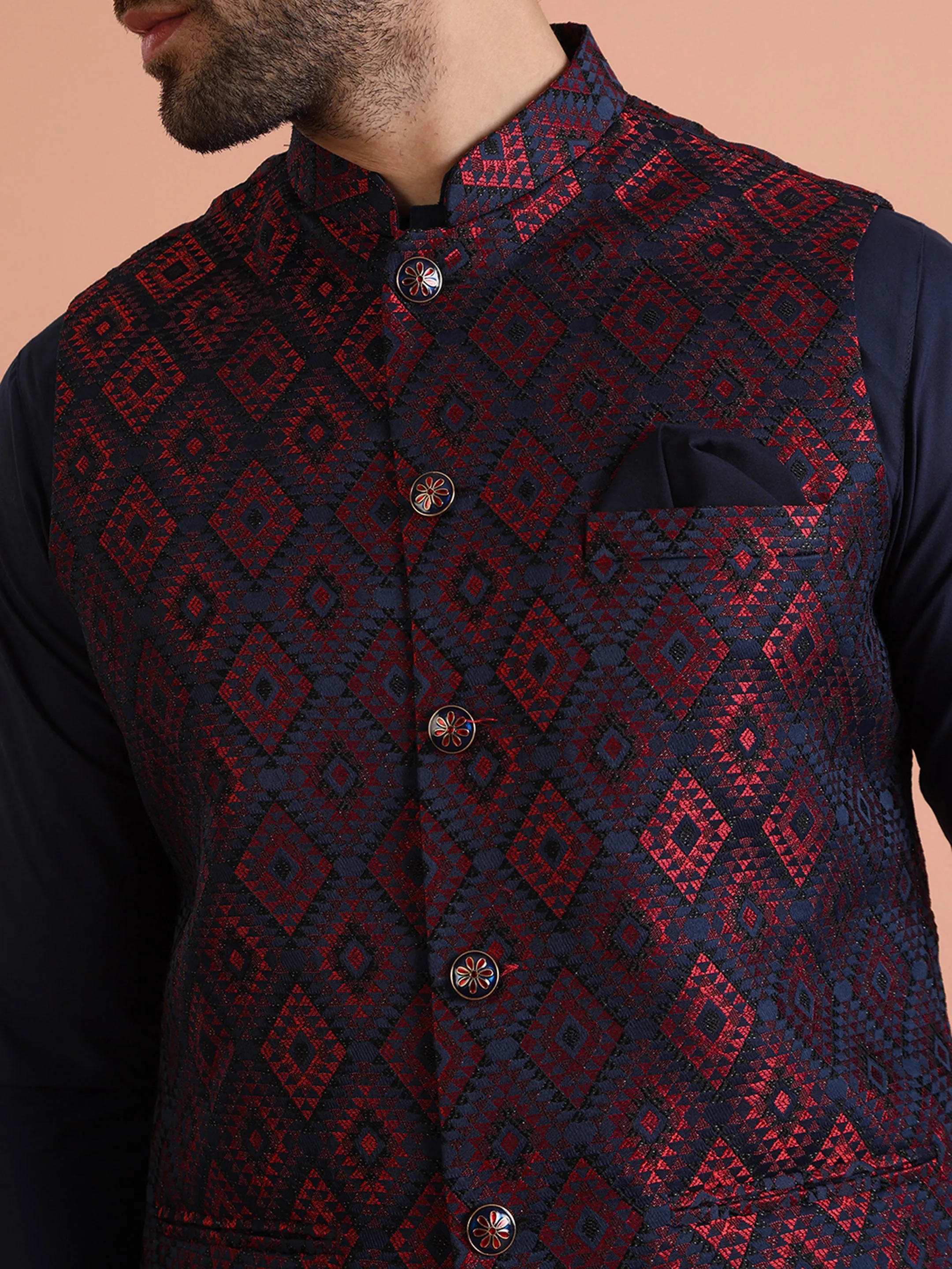 Men Navy Blue Geometric Kurta Jacket Trouser Set