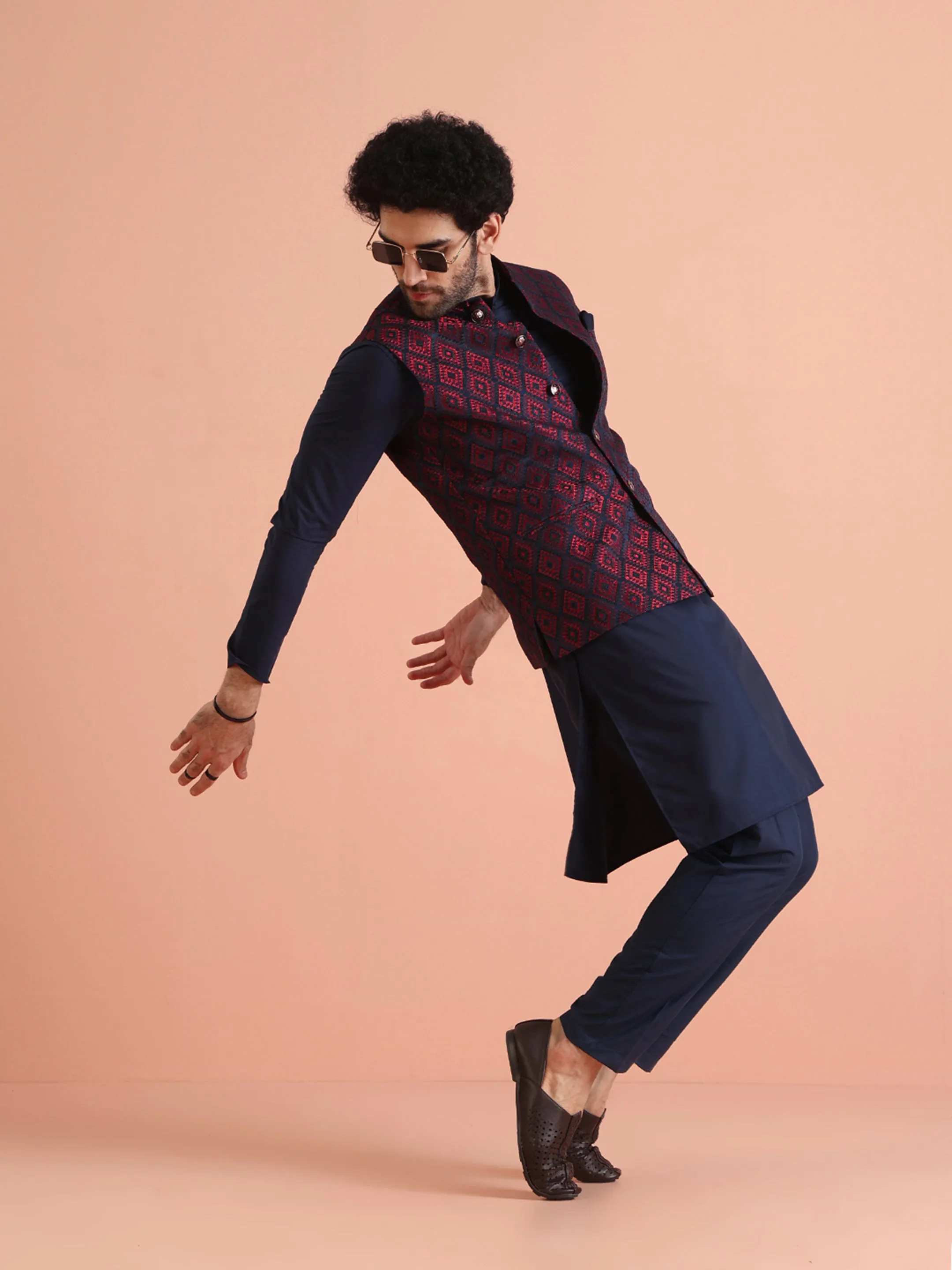 Men Navy Blue Geometric Kurta Jacket Trouser Set