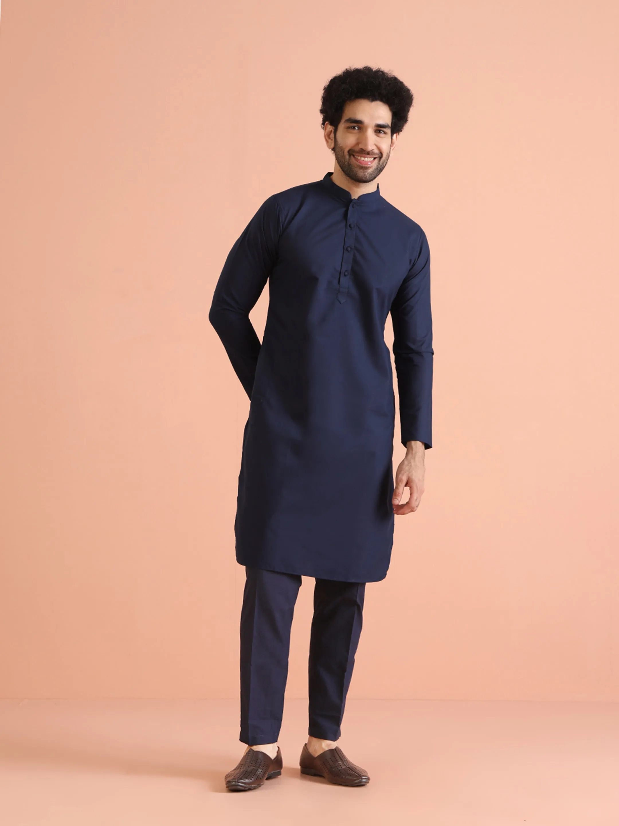 Men Navy Blue Geometric Kurta Jacket Trouser Set