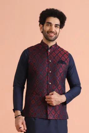 Men Navy Blue Geometric Nehru Jacket (Set of 1)
