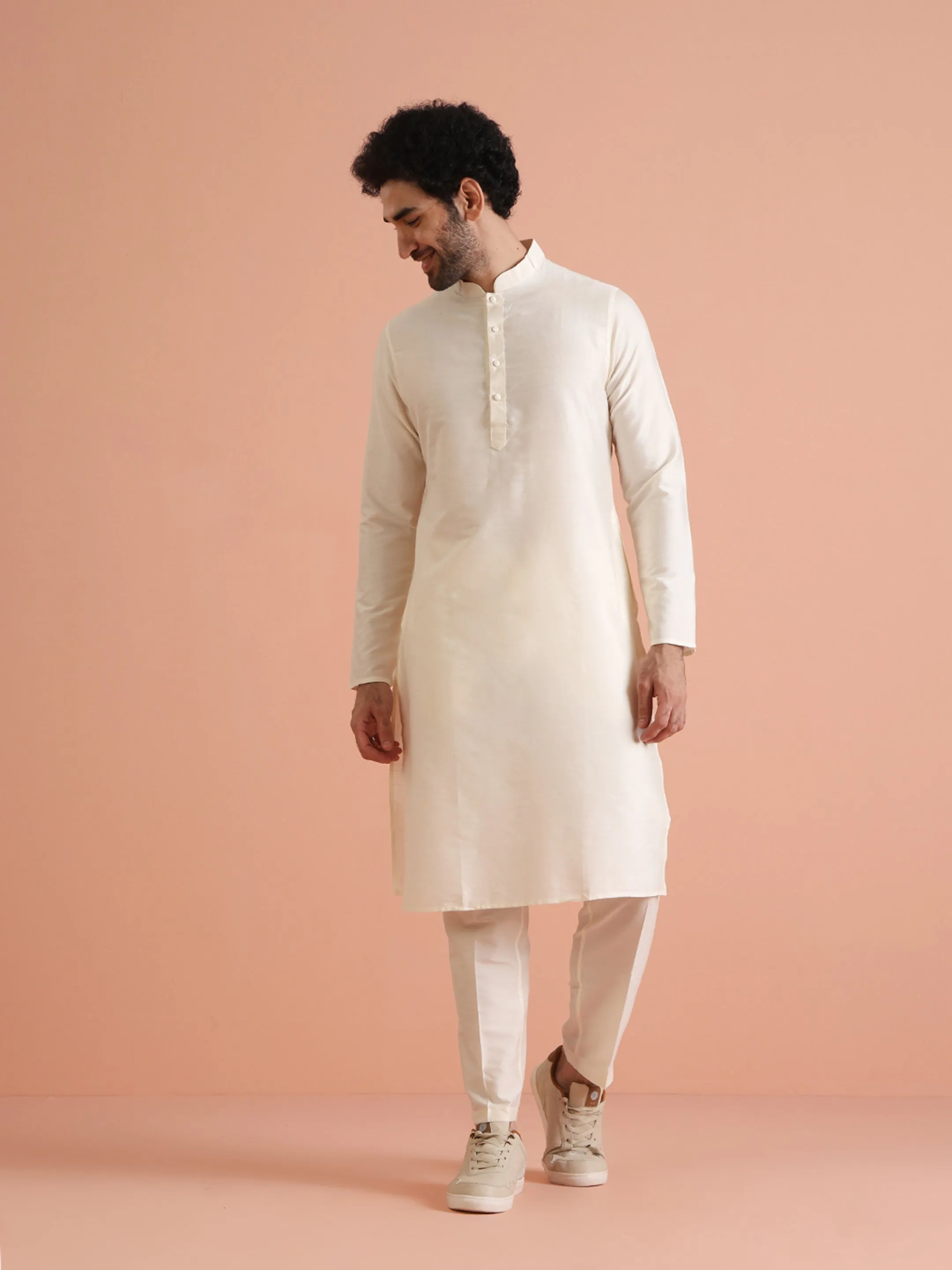 Men Off White Patch Work Kurta Jacket Trouser Set