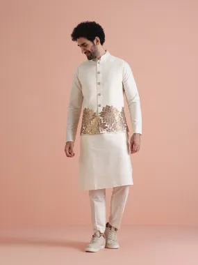 Men Off White Patch Work Kurta Jacket Trouser Set
