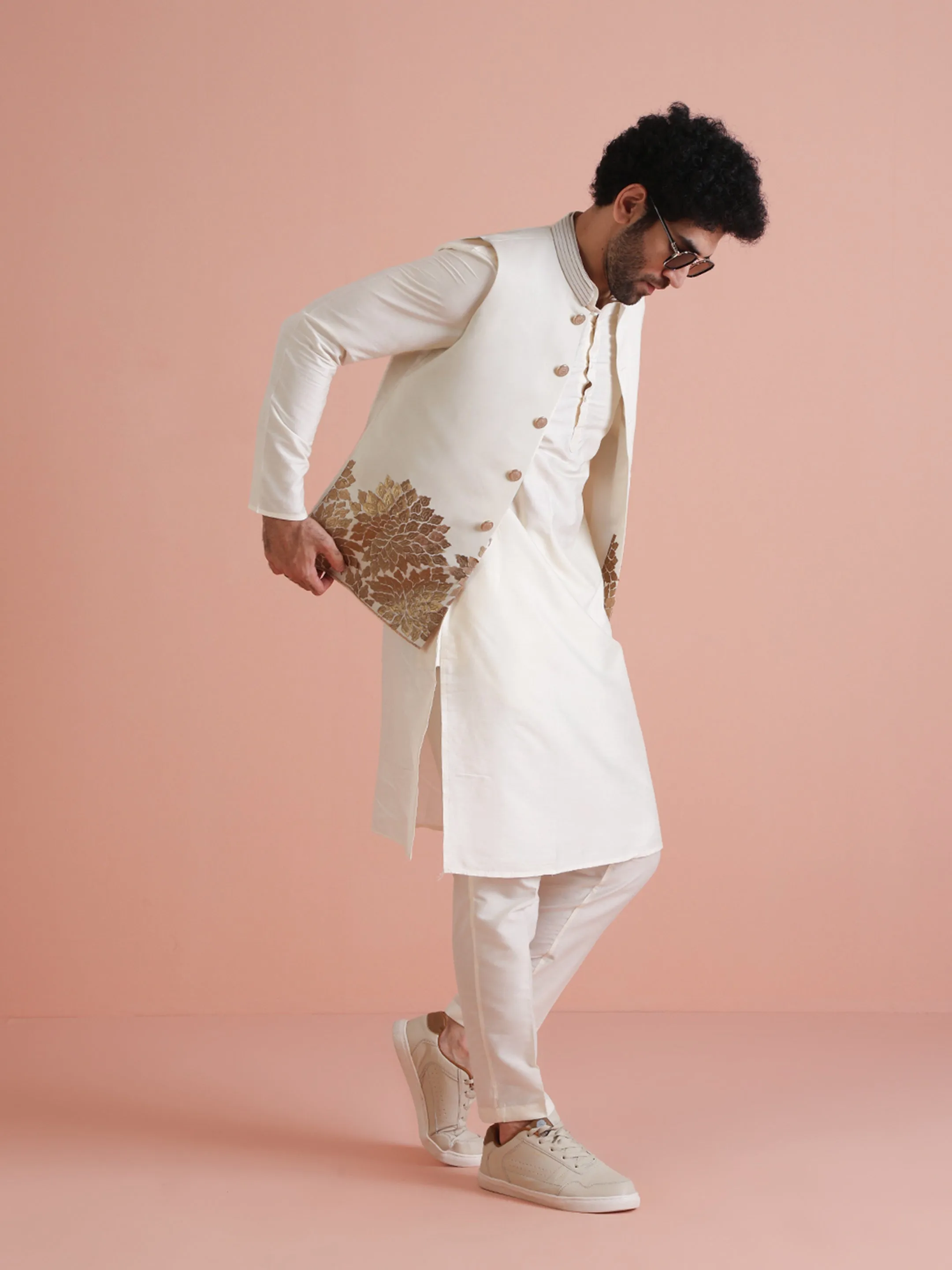 Men Off White Patch Work Kurta Jacket Trouser Set
