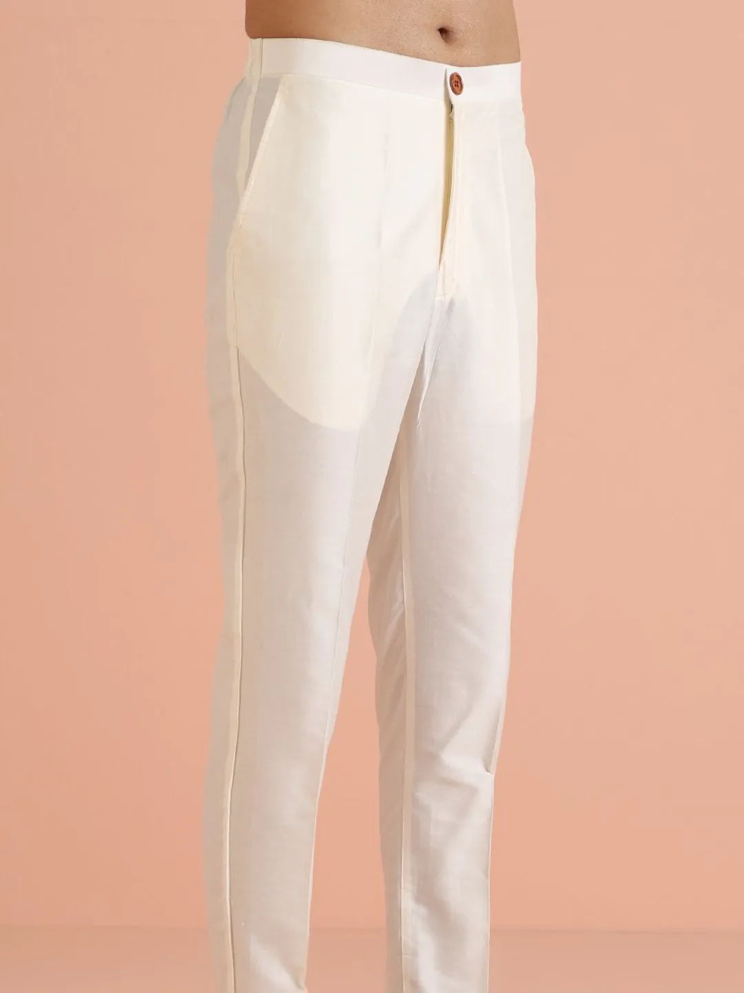 Men Off White Patch Work Kurta Jacket Trouser Set