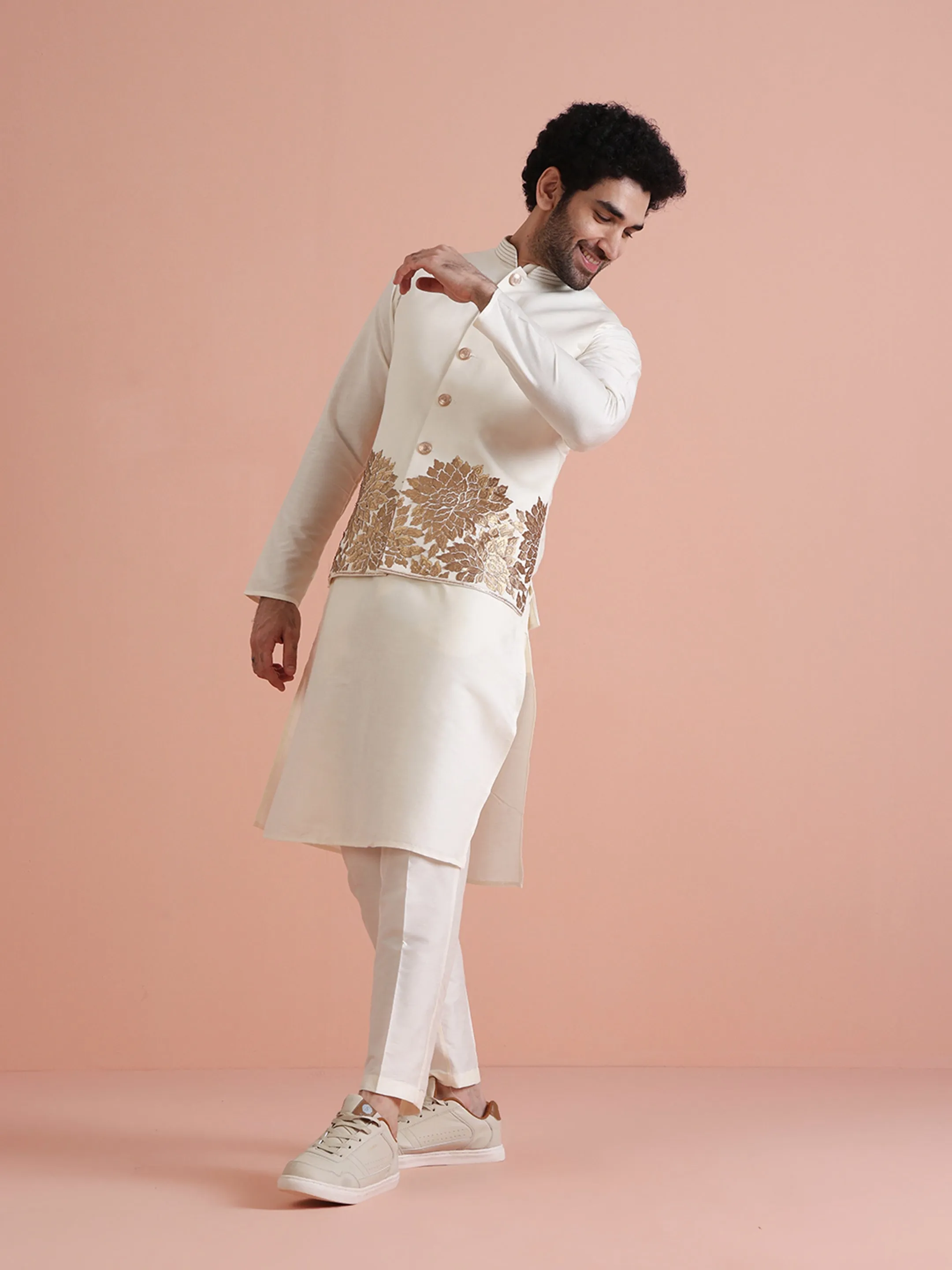 Men Off White Patch Work Kurta Jacket Trouser Set