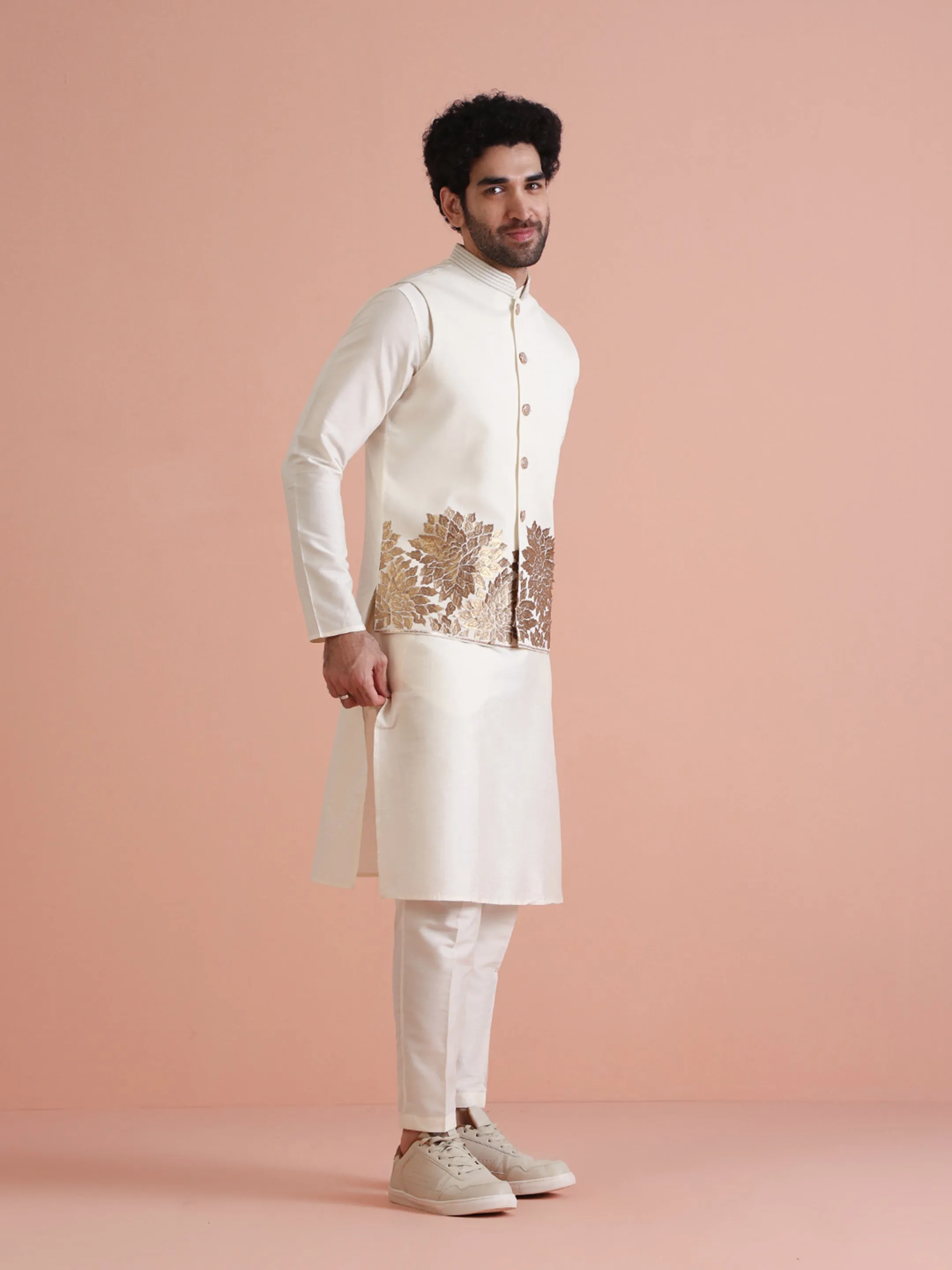 Men Off White Patch Work Kurta Jacket Trouser Set
