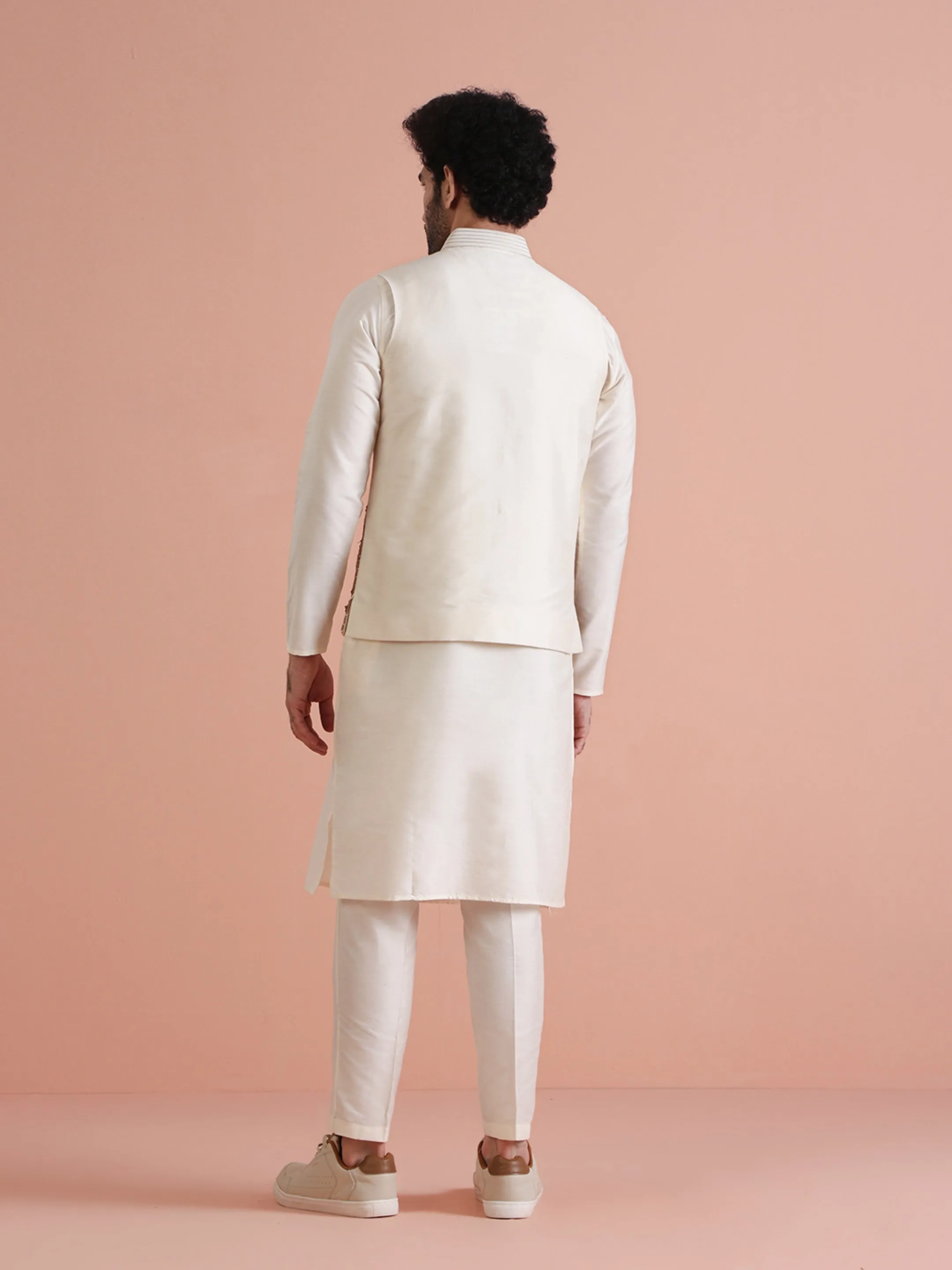 Men Off White Patch Work Kurta Jacket Trouser Set
