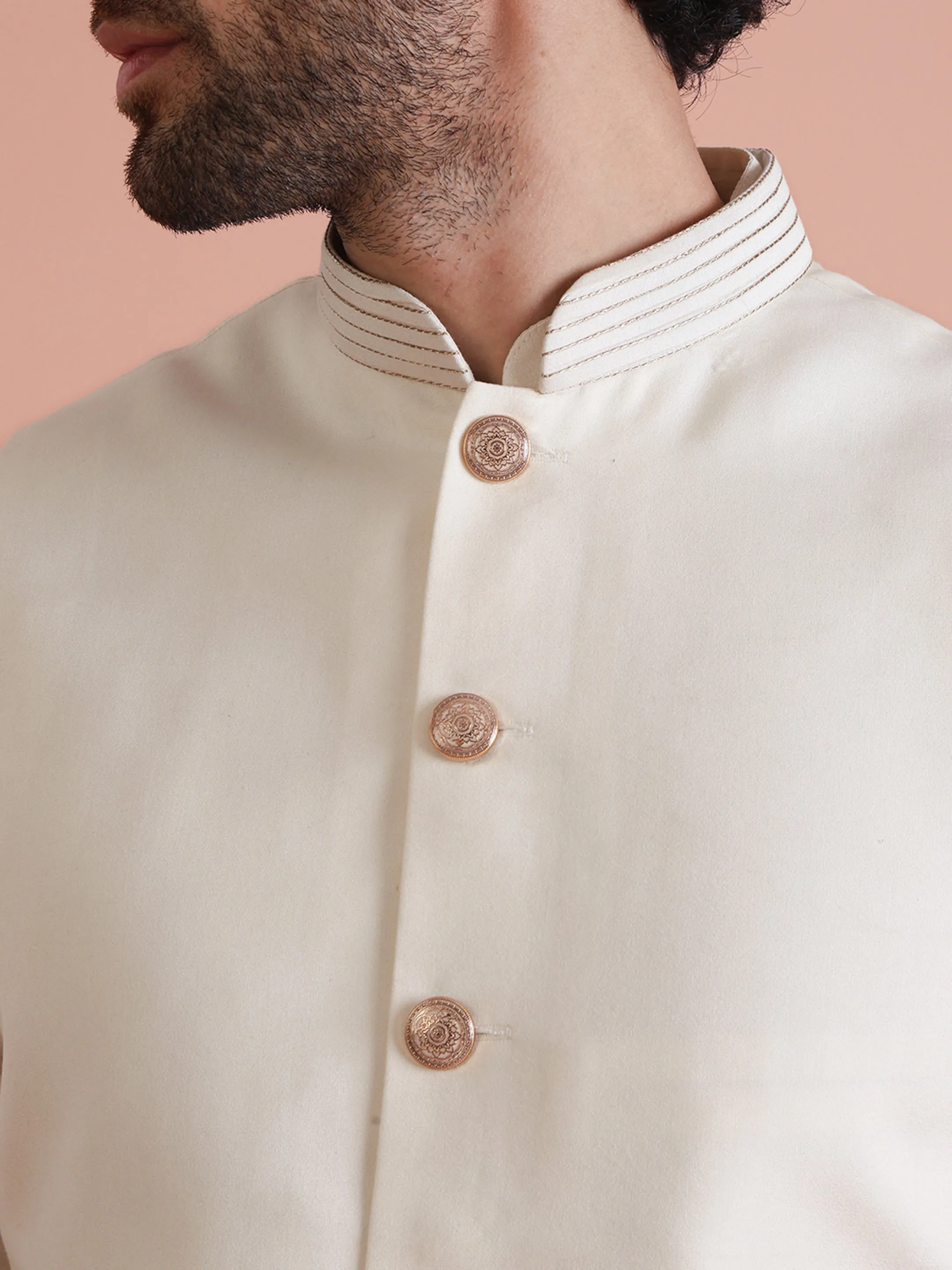 Men Off White Patch Work Kurta Jacket Trouser Set