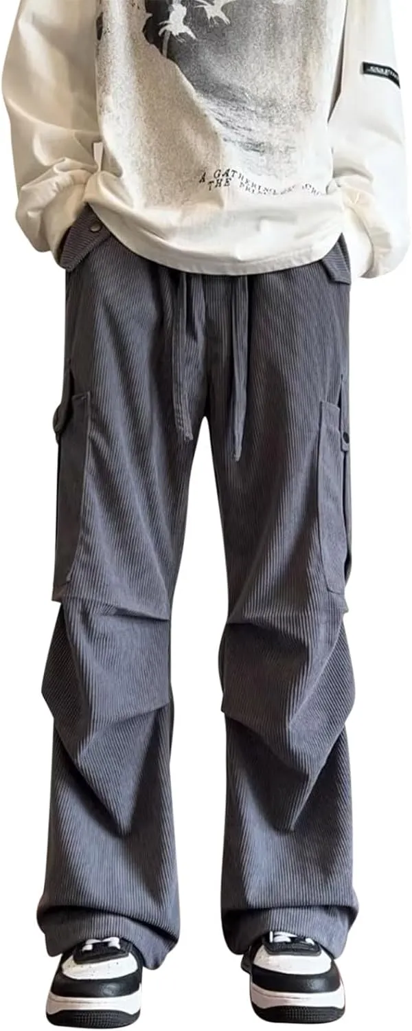 Mens Corduroy Cargo Pants Baggy Casual Drawstring Elastic High Waist Relaxed Fit Pants Wide Leg Trousers with Pockets