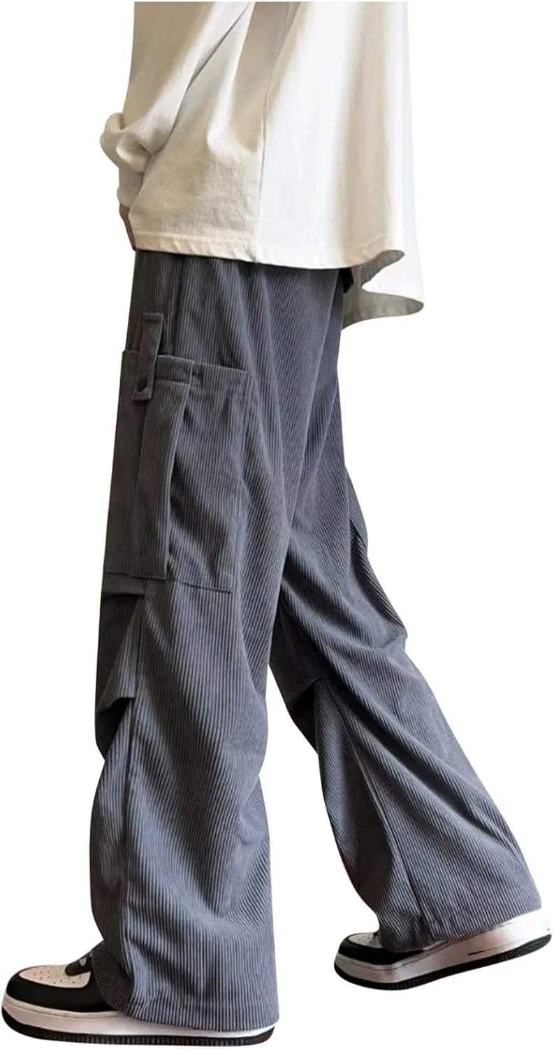 Mens Corduroy Cargo Pants Baggy Casual Drawstring Elastic High Waist Relaxed Fit Pants Wide Leg Trousers with Pockets