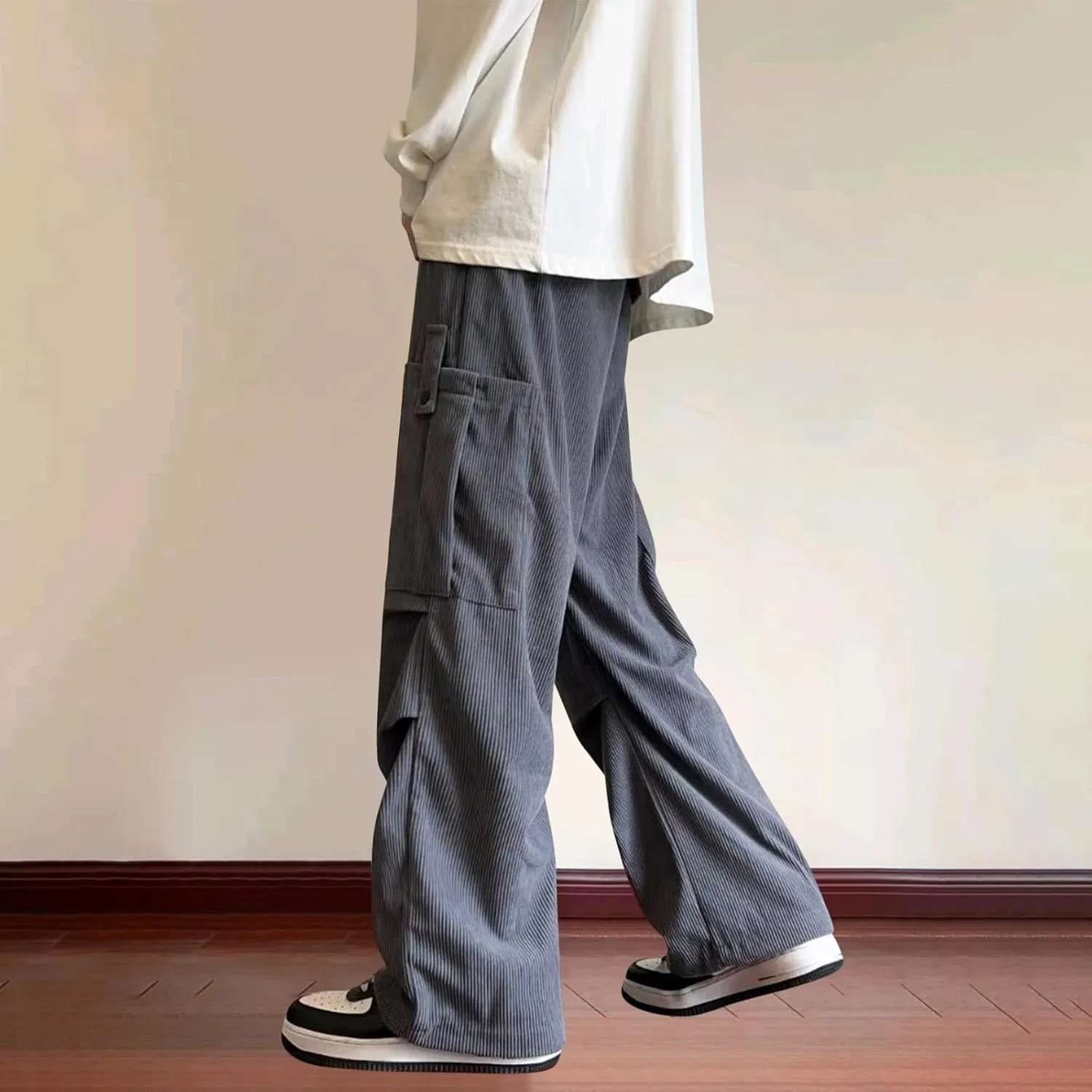 Mens Corduroy Cargo Pants Baggy Casual Drawstring Elastic High Waist Relaxed Fit Pants Wide Leg Trousers with Pockets