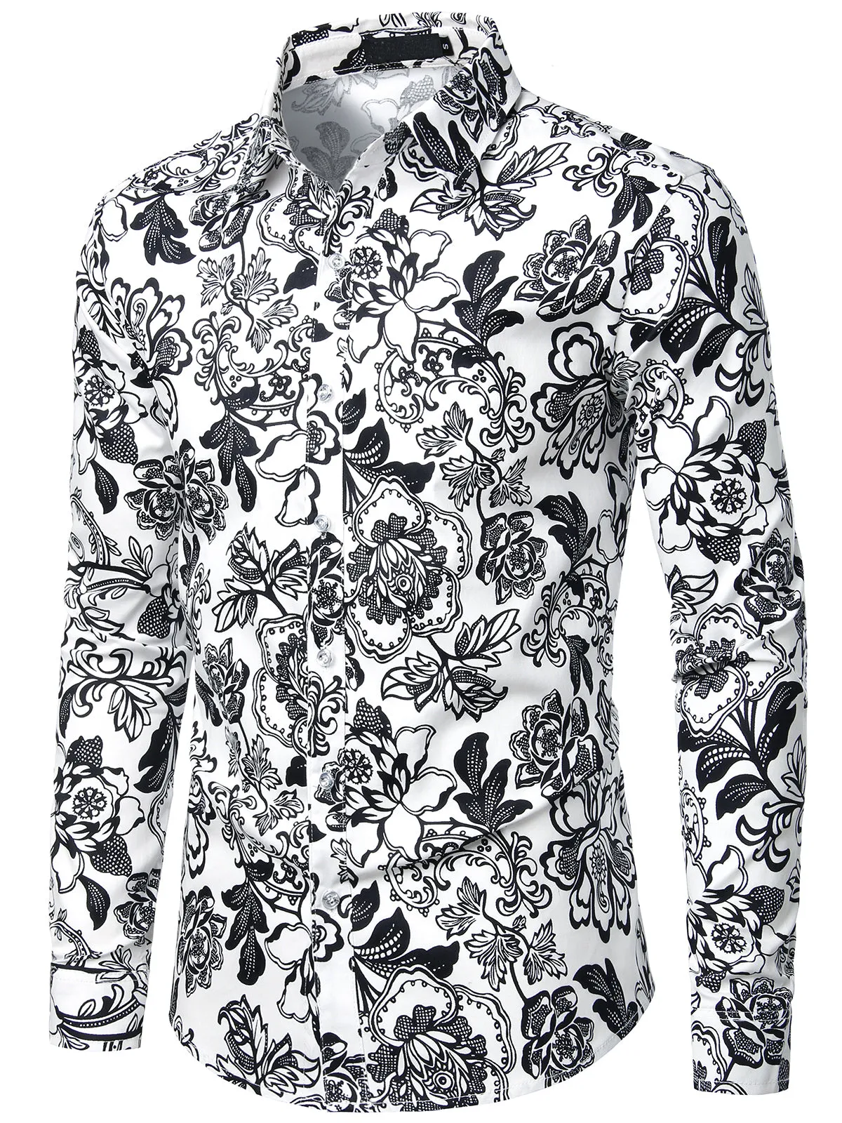 Men's Floral Long Sleeve Cotton Casual Button Down  Shirt