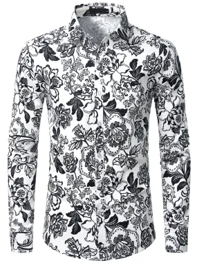Men's Floral Long Sleeve Cotton Casual Button Down  Shirt