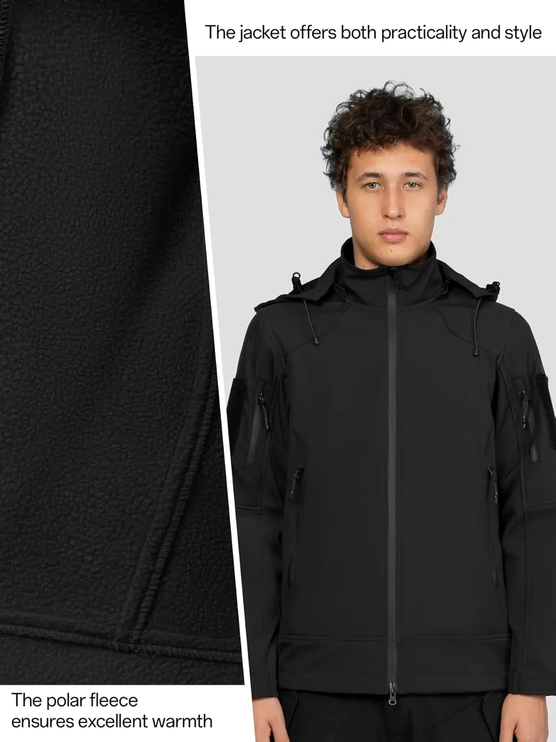 Men's Hooded Softshell Jacket Waterproof Tactical Rain Jackets Breathable Windbreaker with Fleece Lining