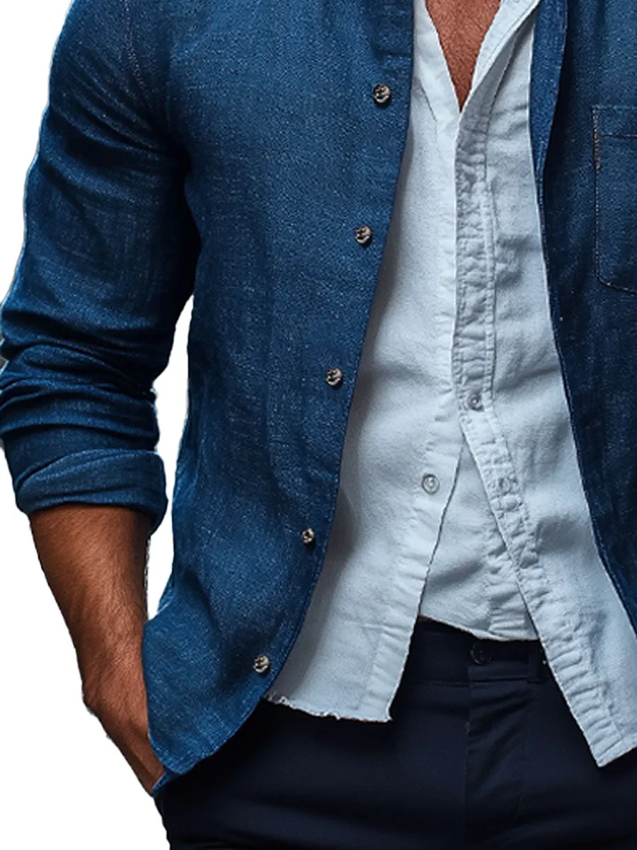Men's Linen Single Pocket Stand Collar Shirt Jacket