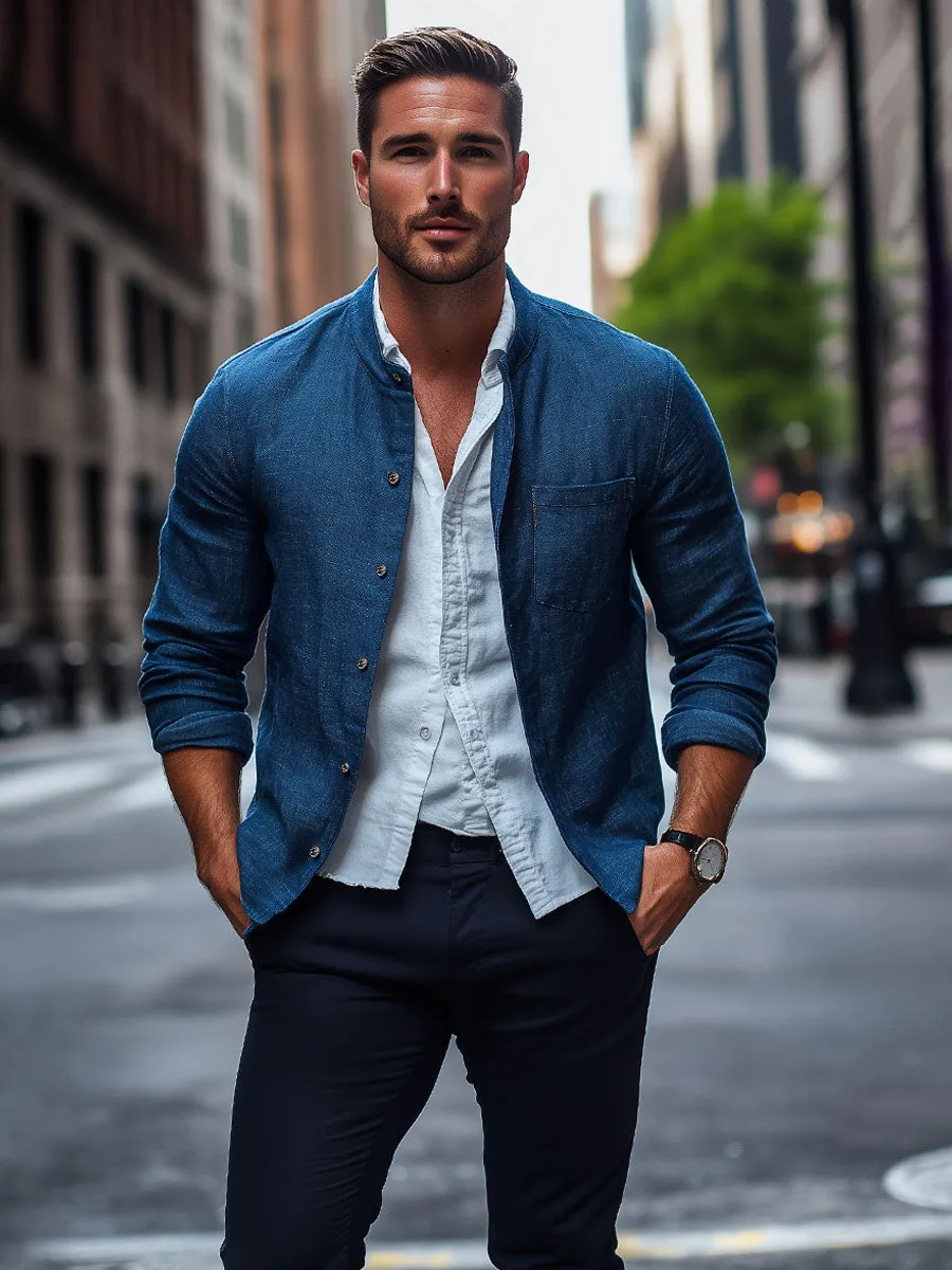 Men's Linen Single Pocket Stand Collar Shirt Jacket