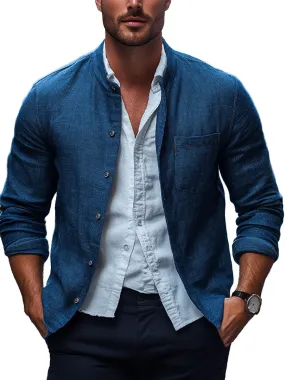 Men's Linen Single Pocket Stand Collar Shirt Jacket